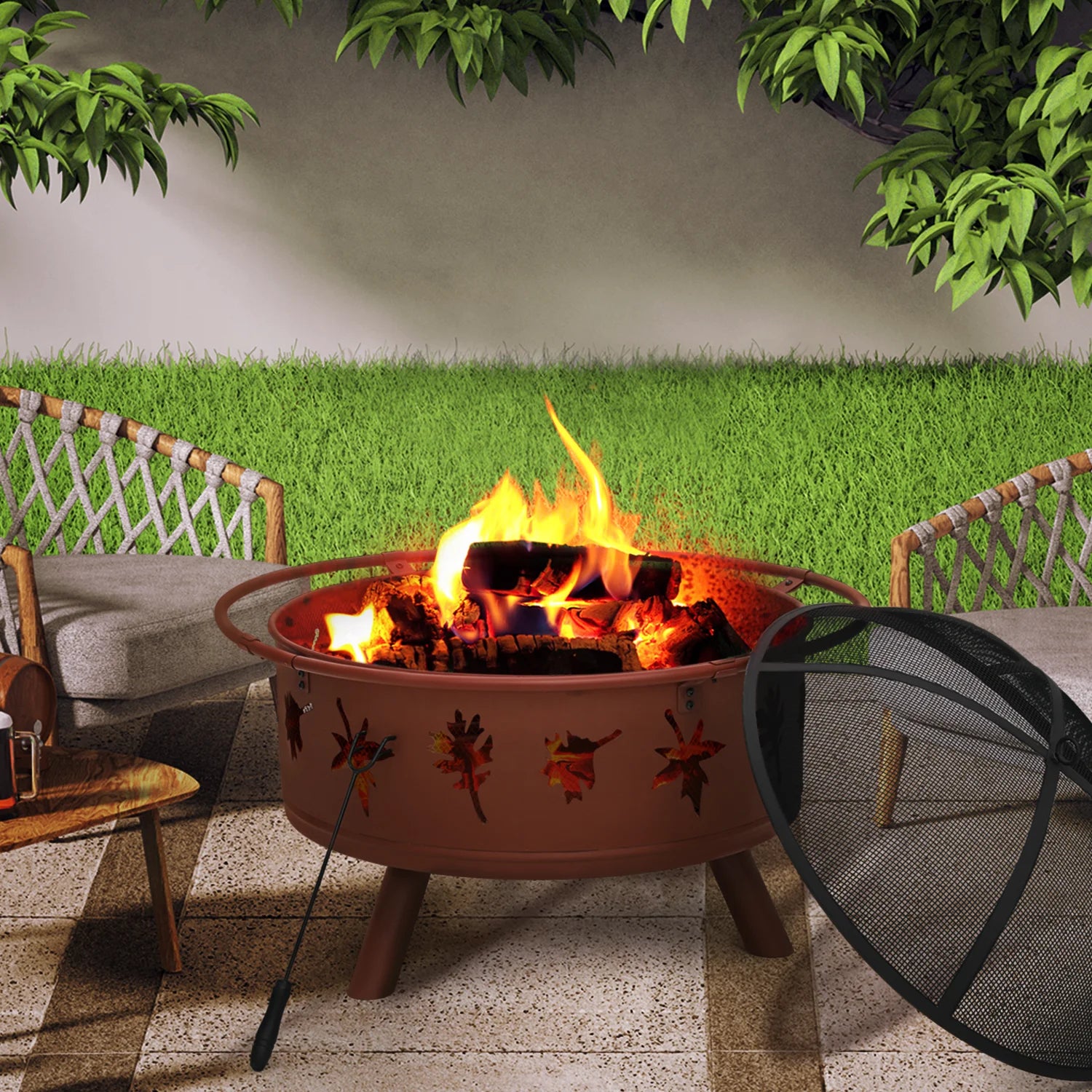Brown Round Outdoor Fire Pit with Log Grate, Poker & Spark Screen W9427