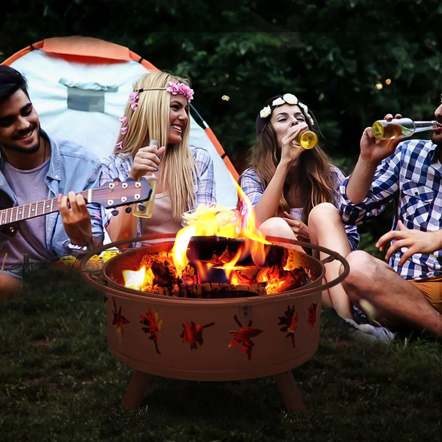 Brown Round Outdoor Fire Pit with Log Grate, Poker & Spark Screen W9427