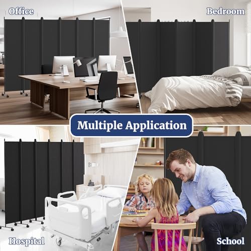 6FT Tall Black Rolling Room Divider with Lockable Wheels T34734