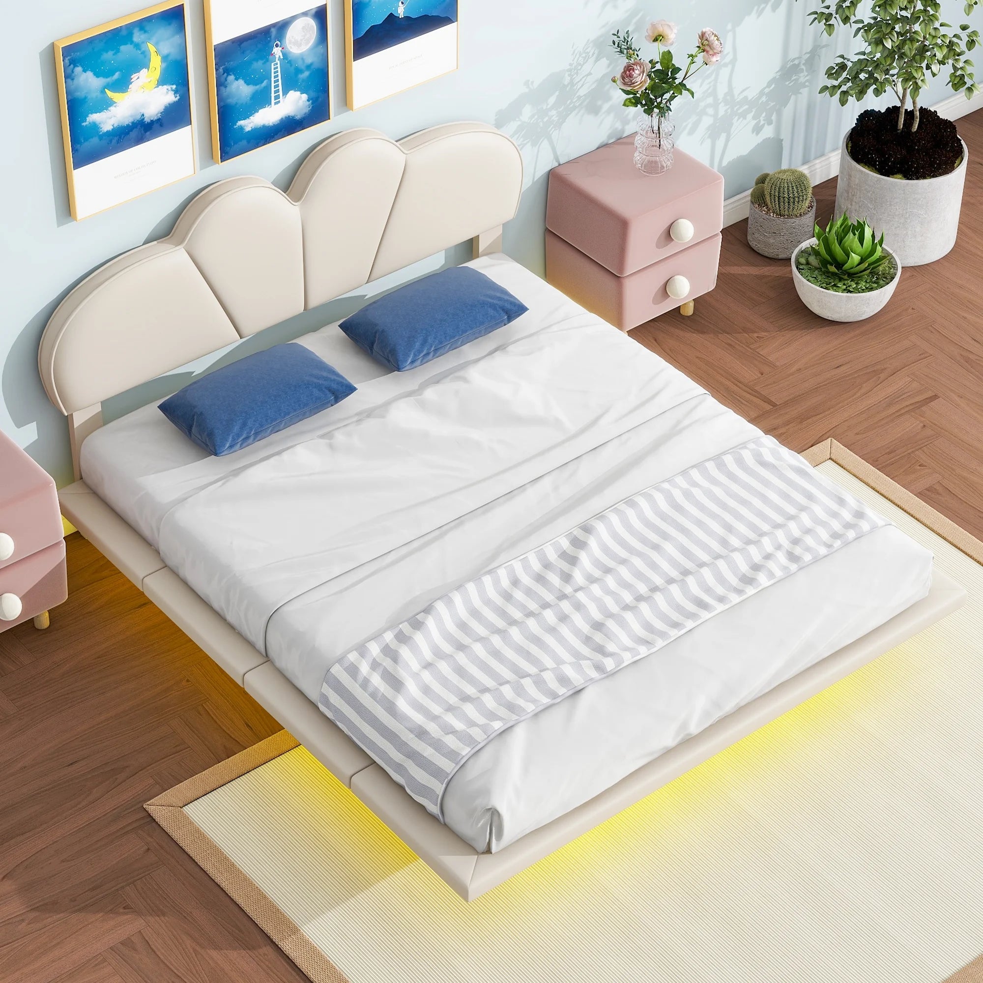 Beige Full Size Upholstered Platform Bed with LED Lights Y90169