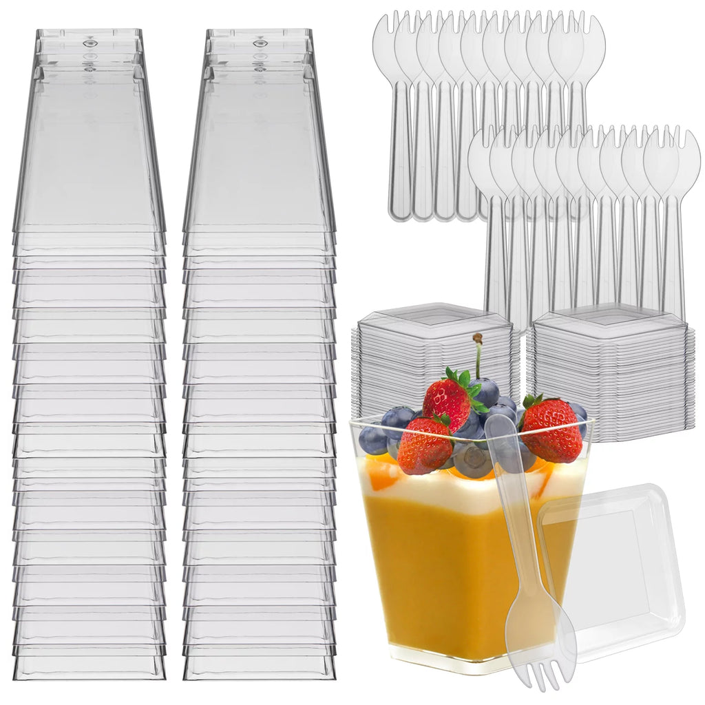 100 Pack 5.4oz Clear Dessert Cups with Lids and Spoons E1825