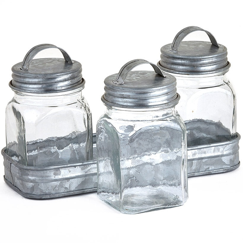 Set of 3 Glass Canisters in Galvanized Tray