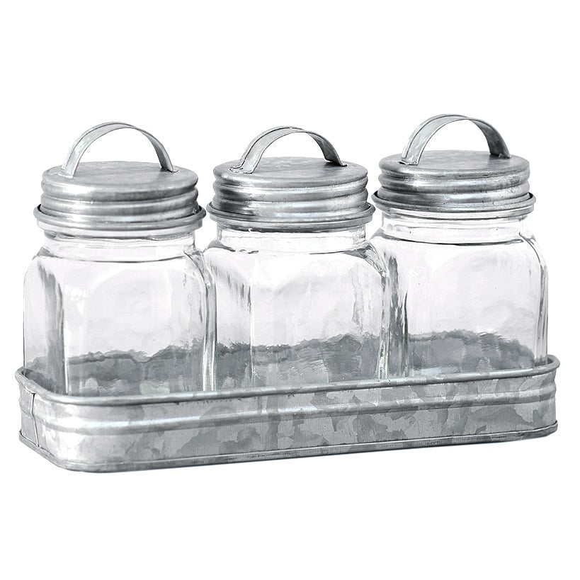 Set of 3 Glass Canisters in Galvanized Tray