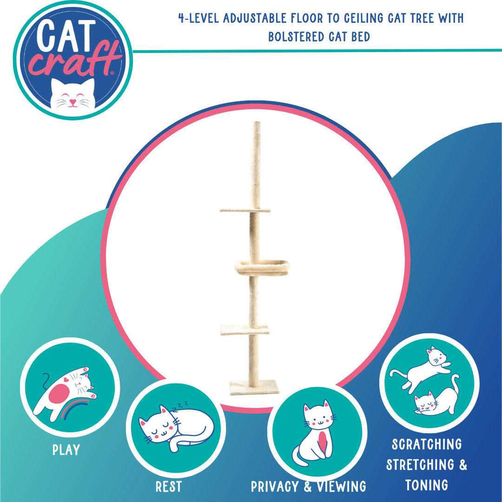 4-Level Carpeted Adjustable Floor to Ceiling Cat Tree with Cat Bed J19293