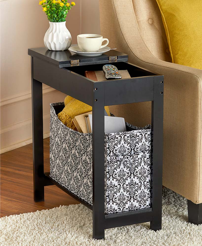 Narrow Wood Side Table with Flip-Top and Storage Bin T7156