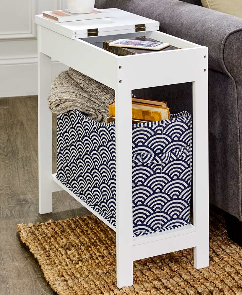 Narrow Wood Side Table with Flip-Top and Storage Bin T7156