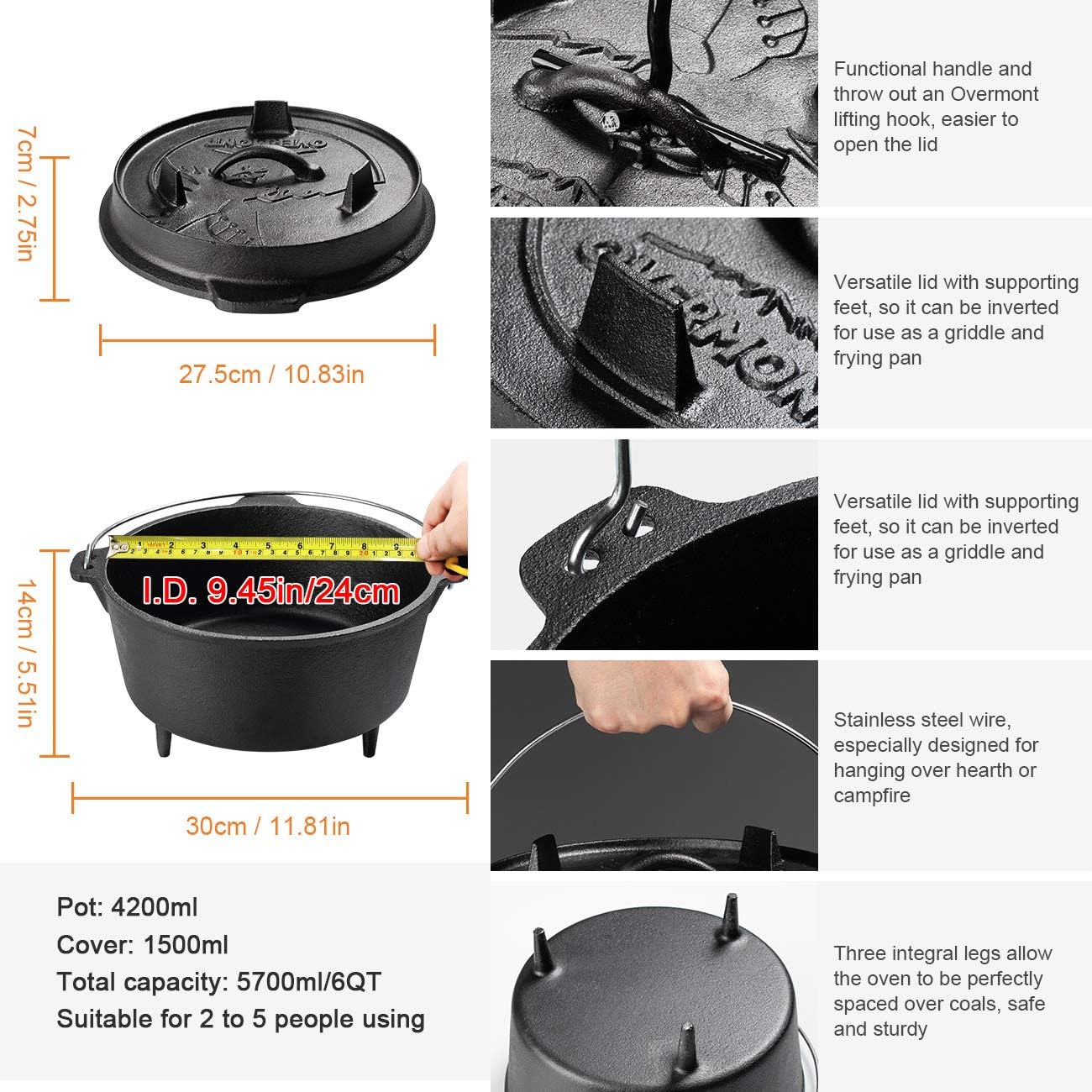 Pre Seasoned Cast Iron Camp Dutch Oven 9QT Y12300