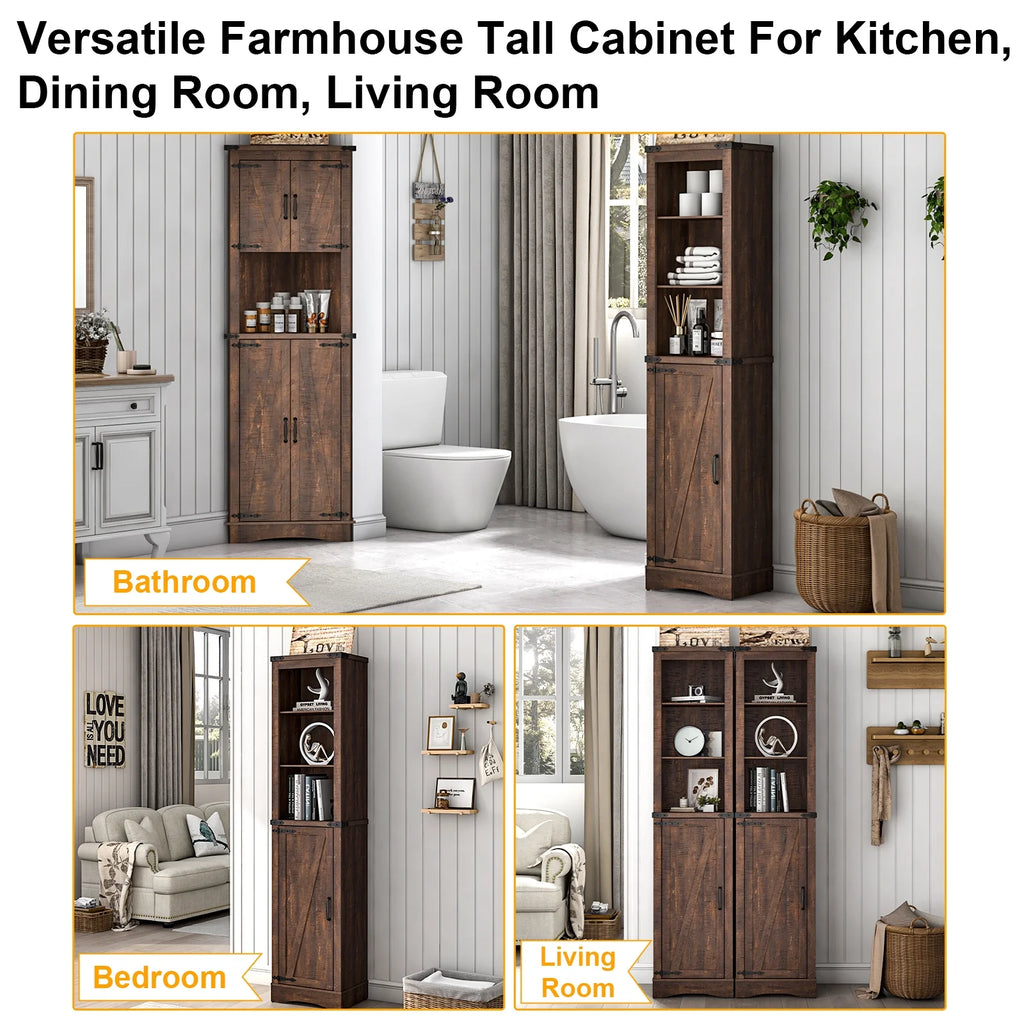 5-Shelf Tall Storage Cabinet with Barn Door and Adjustable Shelves, Brown A7885
