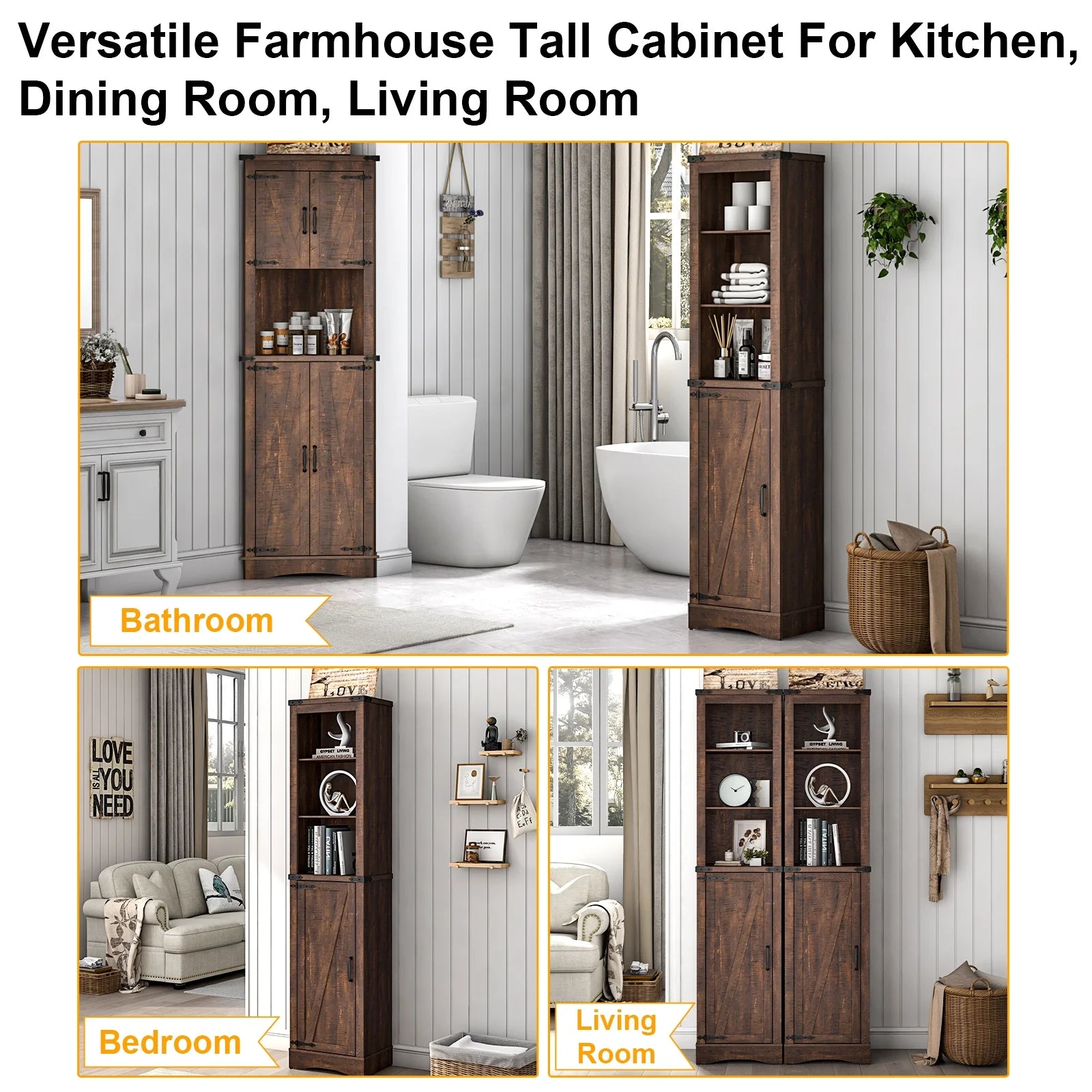 5-Shelf Tall Storage Cabinet with Barn Door and Adjustable Shelves, Brown A7885