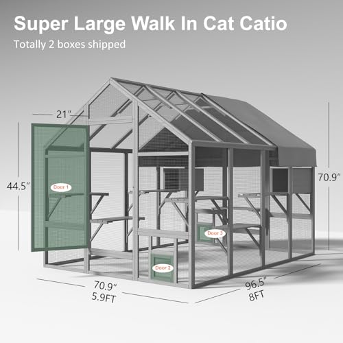 Large Catio Outdoor Cat Enclosure with 7 Platforms, 2 Resting Box and 2 Bridges, 71 x 71 x 97 inch V253199