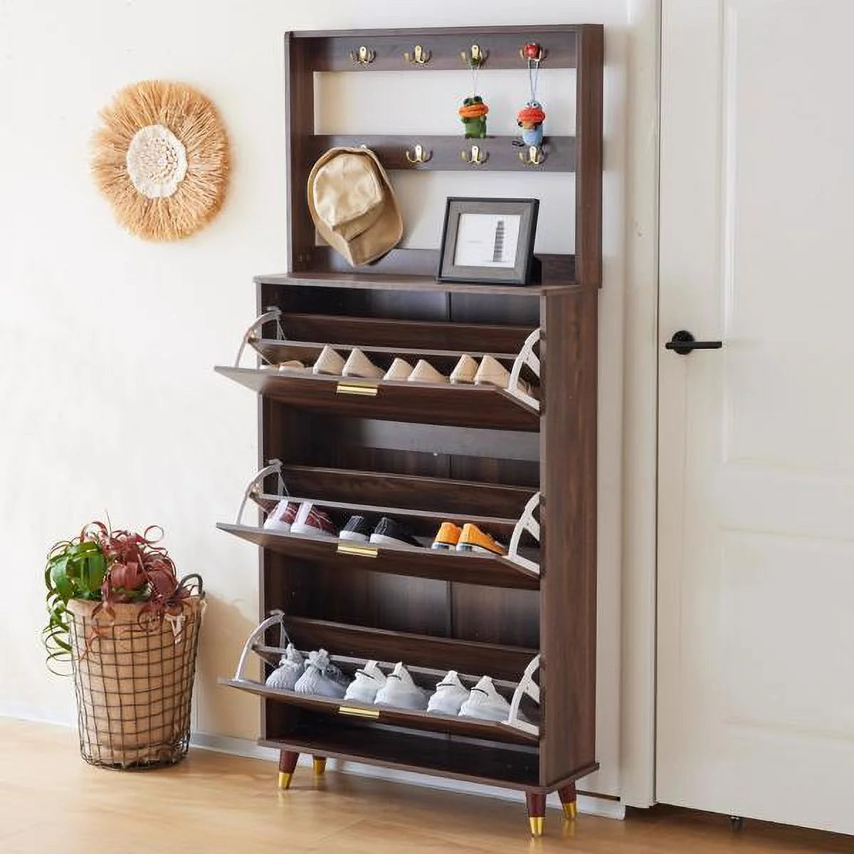 Brown Wardrobe Armoire Closet with 12 Hooks & 3 Shoe Cabinets G632