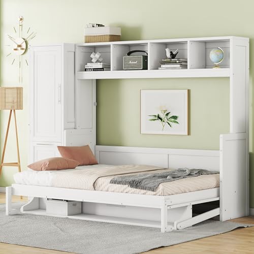 White Solid Wood Full Size Murphy Bed with Closet and Drawers O994282