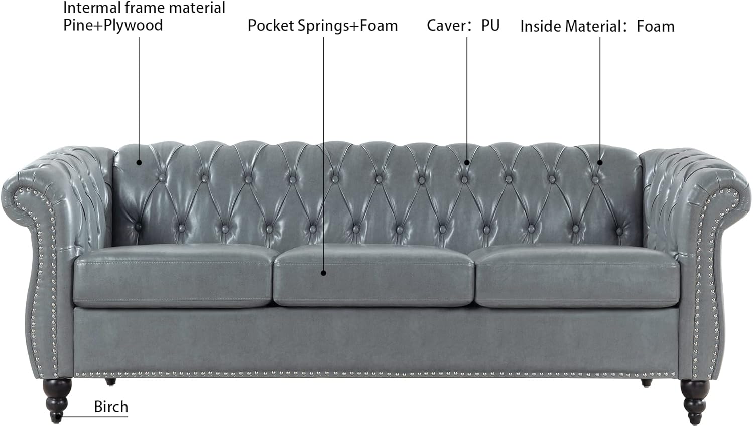 3-Seater PU Leather Chesterfield Sofa with Button Tufted F558528