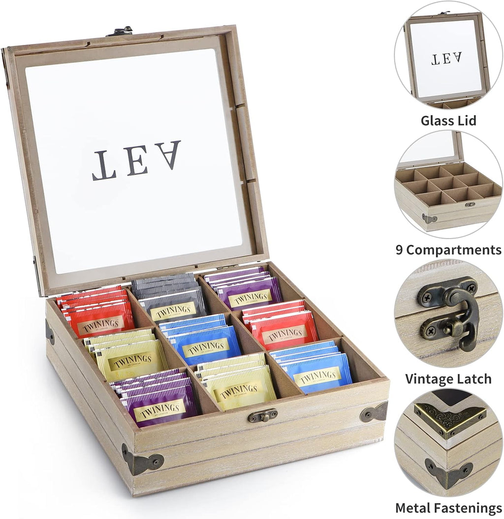 Wood Tea Box Organizer with Glass Lid, 9 Compartments U577197