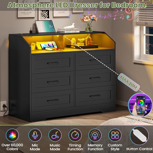 White 6 Drawers Wood Dresser with LED Lights and Charging Station C8955
