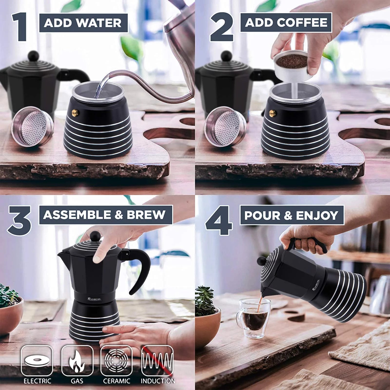 3 Cup Aluminum Stovetop Espresso Maker Moka Pot (Black) H518975