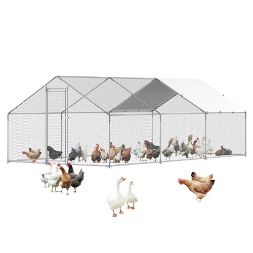 Large Metal Chicken Coop with Run, 9.8x26.5x6.5 ft Walk-in Chicken Runs with Cover, Spire Roof Hen House with Security Lock O941542