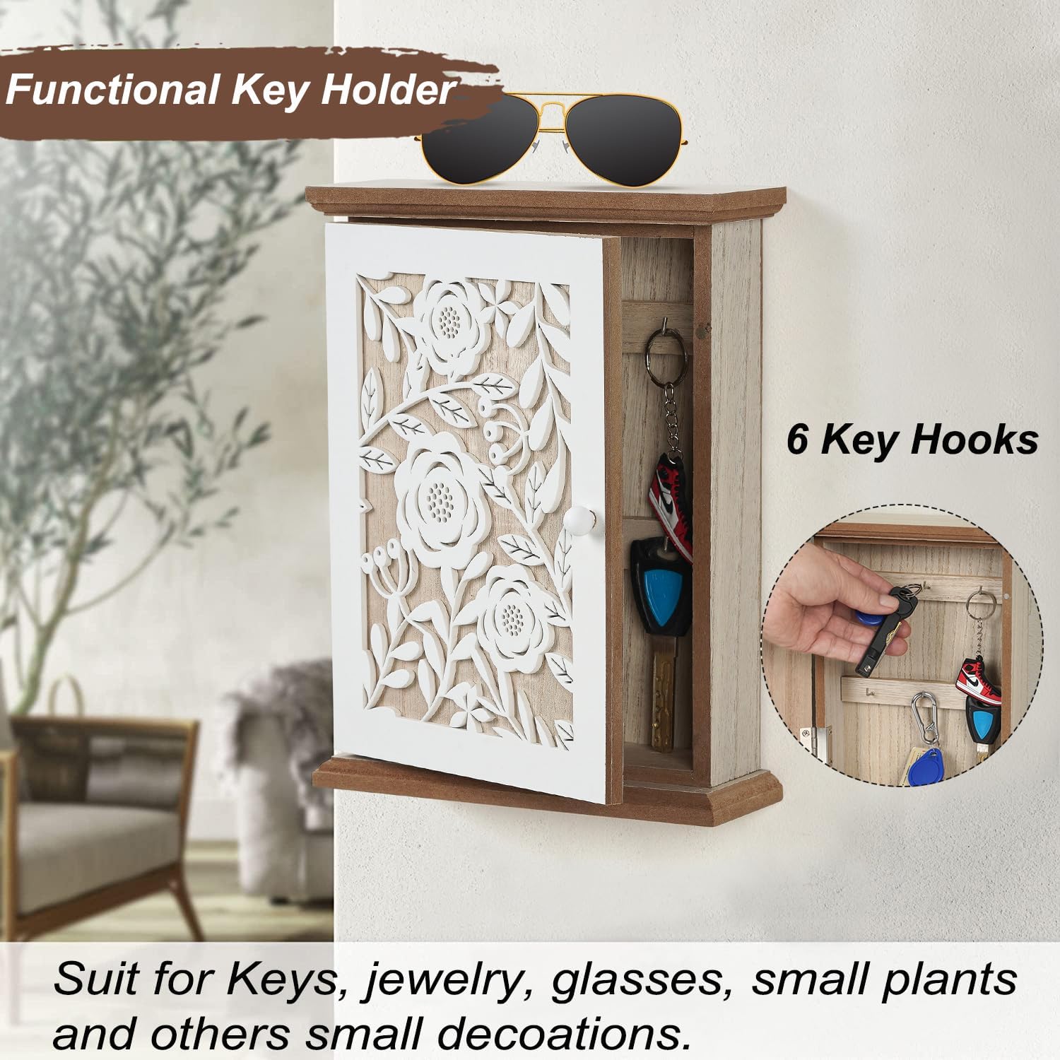 White Wood Key Holder with 6 Key Hook V534