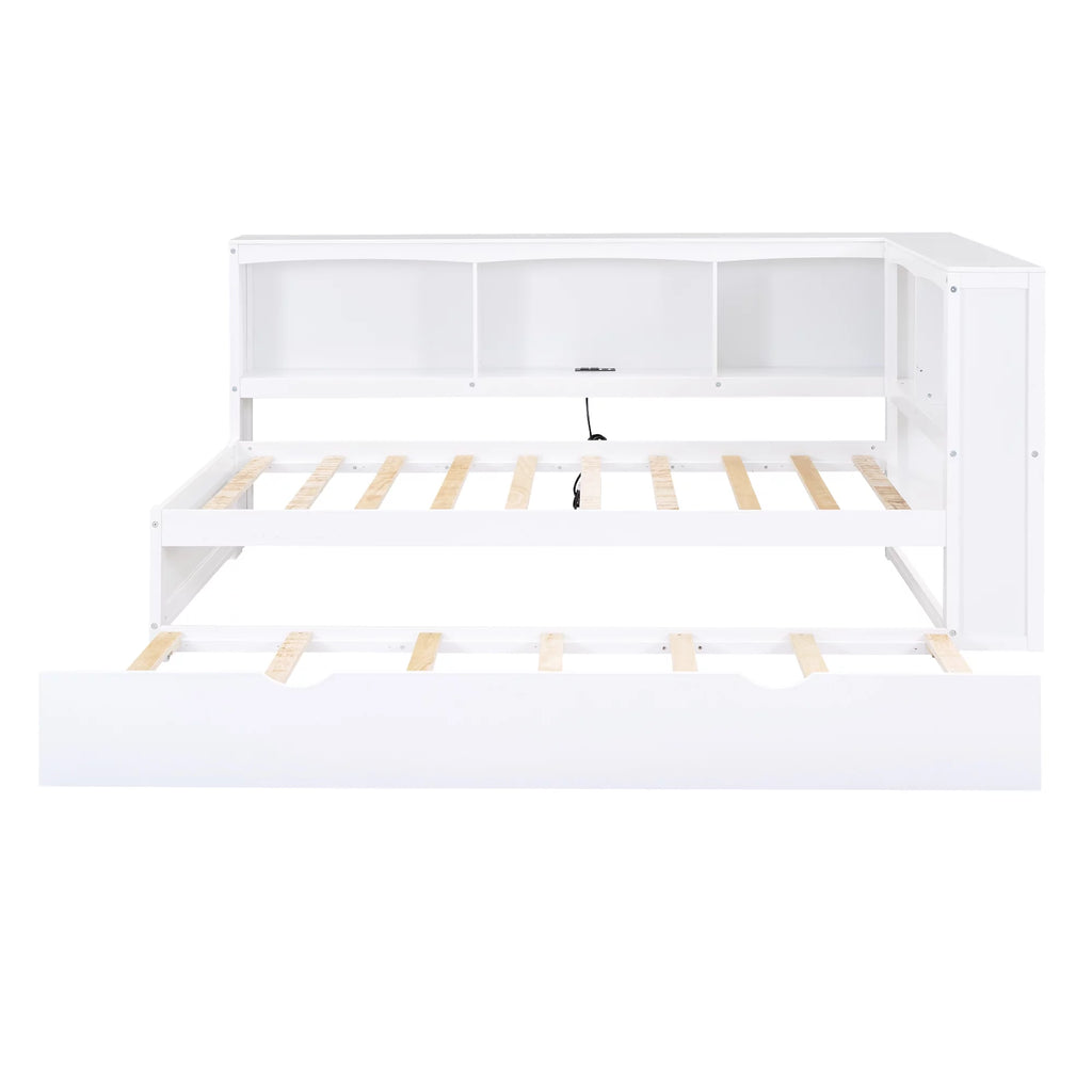 Twin over Twin Size Wood Daybed with Trundle and Storage Cabinets (White) B697879