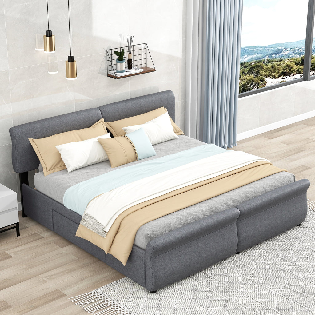 King Size Linen Upholstered Platform Bed with Headboard and 2 Drawers, Gray K495601