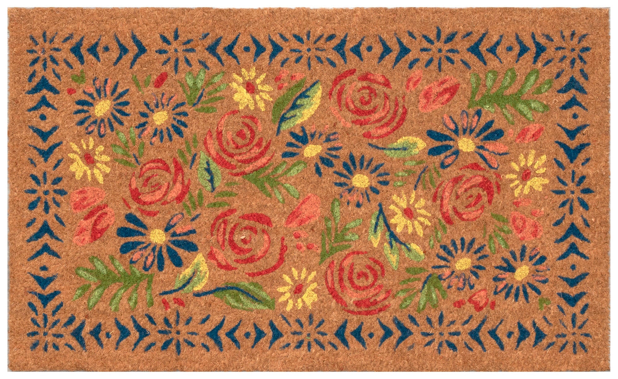 Natura Block Print Flowers Coir Doormat with Non-Slip Backing