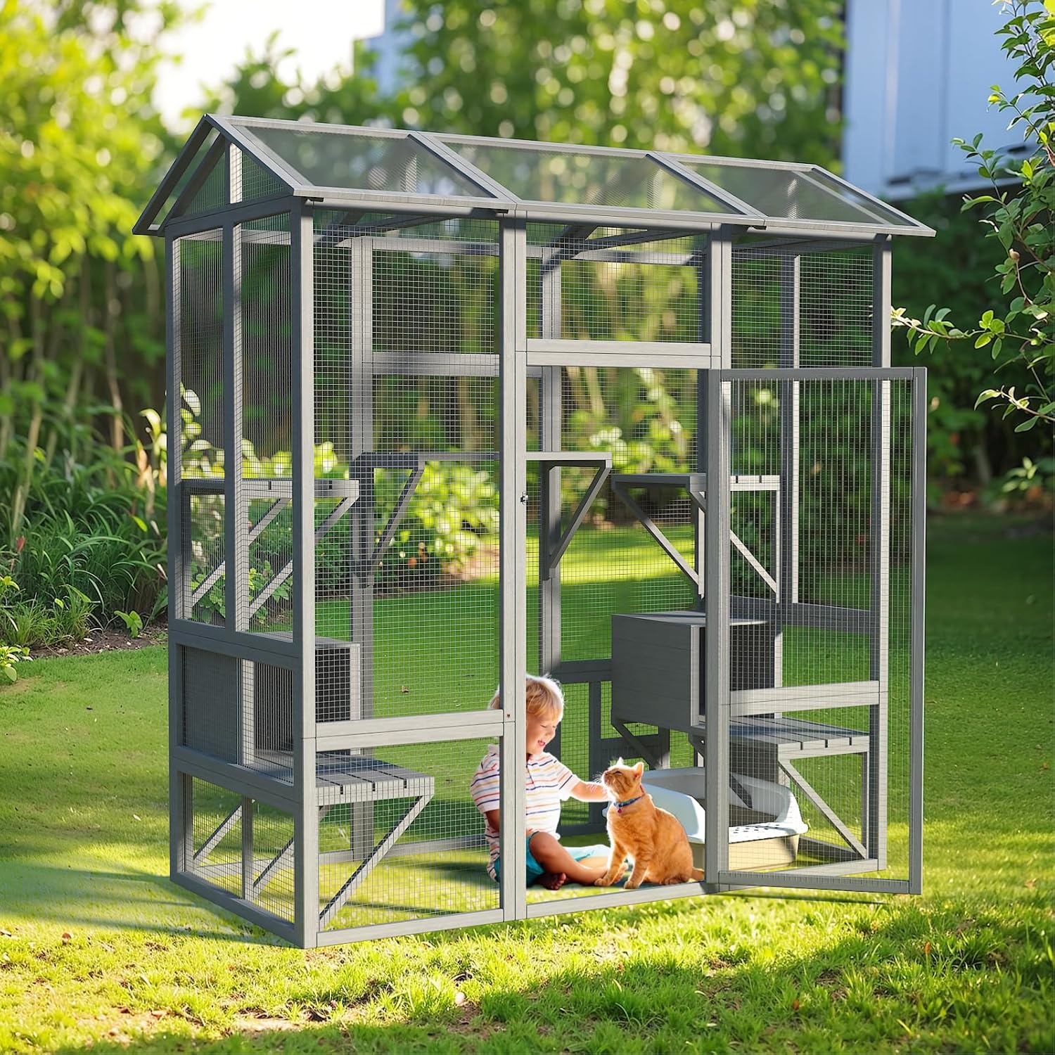 Large Wooden Cat Enclosure with Sunshine Panel Roof and Waterproof Cover, 7 Platforms, 2 Resting Box, 72 inch H6611