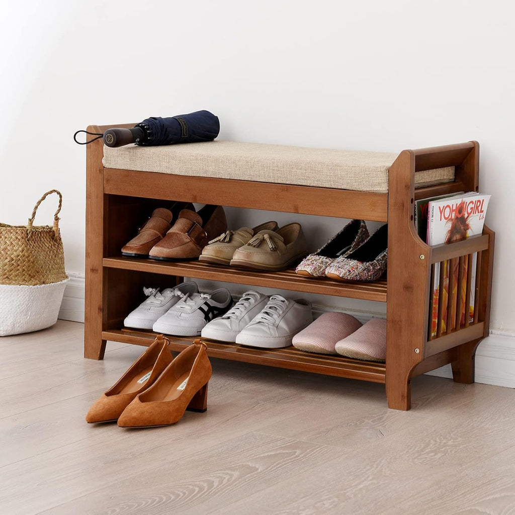2 Tier Bamboo Shoe Bench with Seat Cushion L766