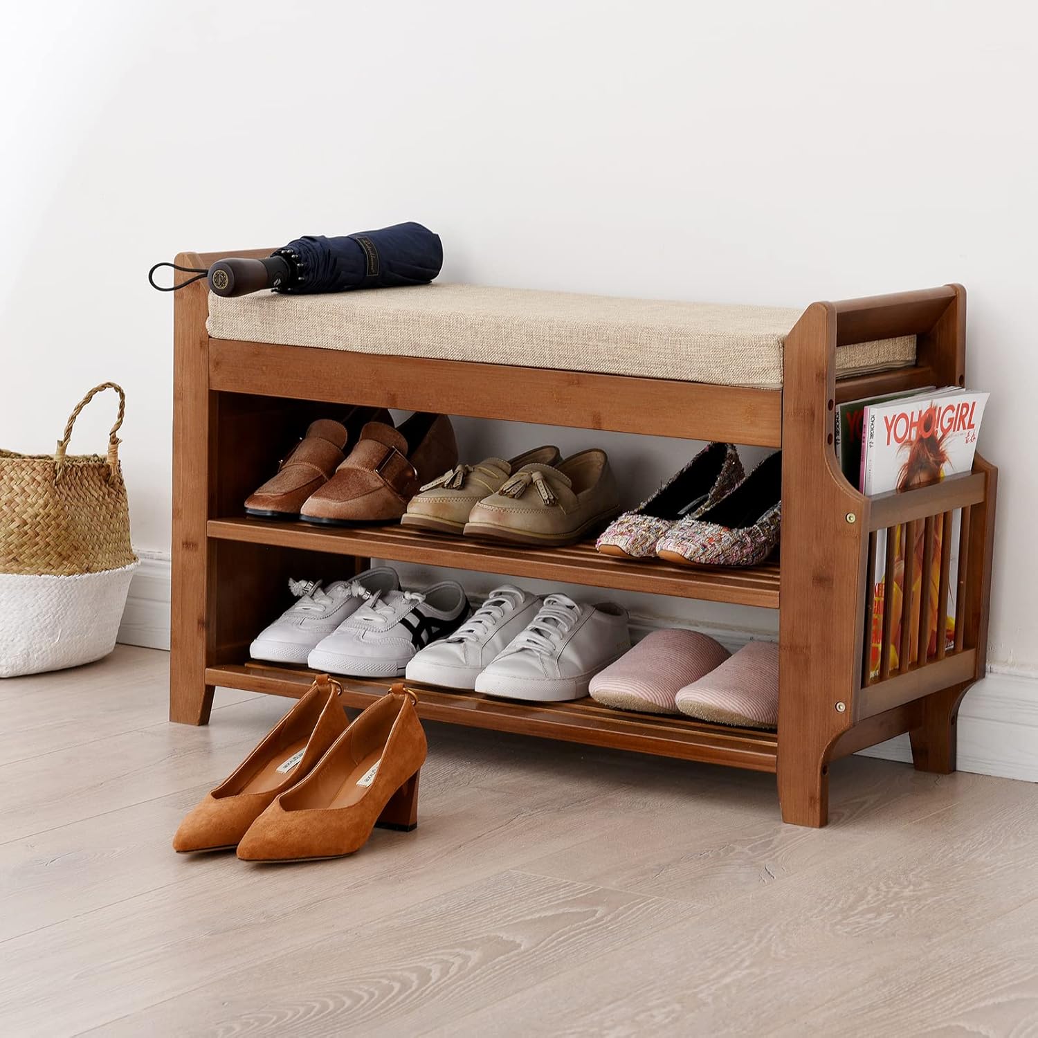 2 Tier Bamboo Shoe Bench with Seat Cushion L766