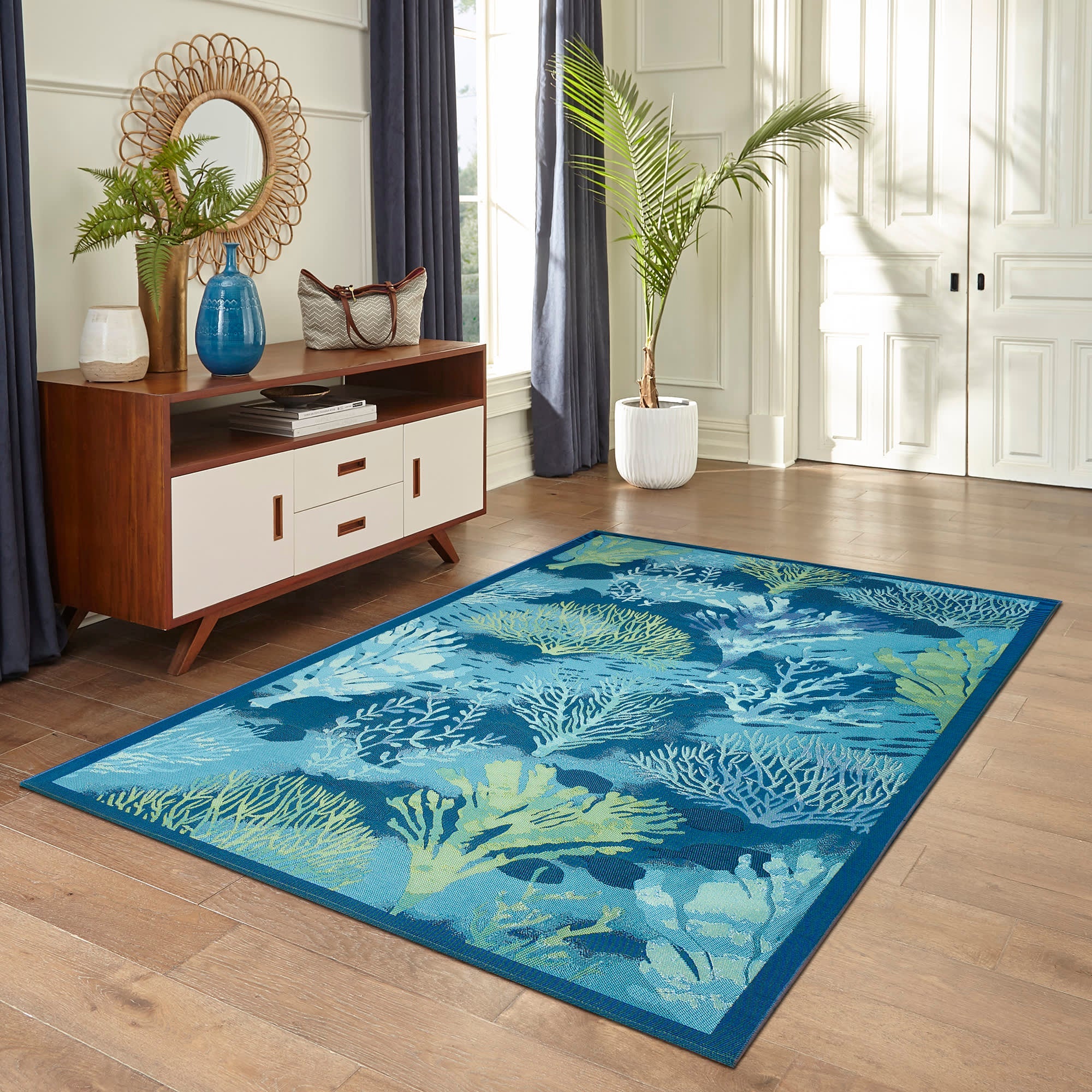 Marina Coral Garden Lapis Indoor Outdoor Area Rug