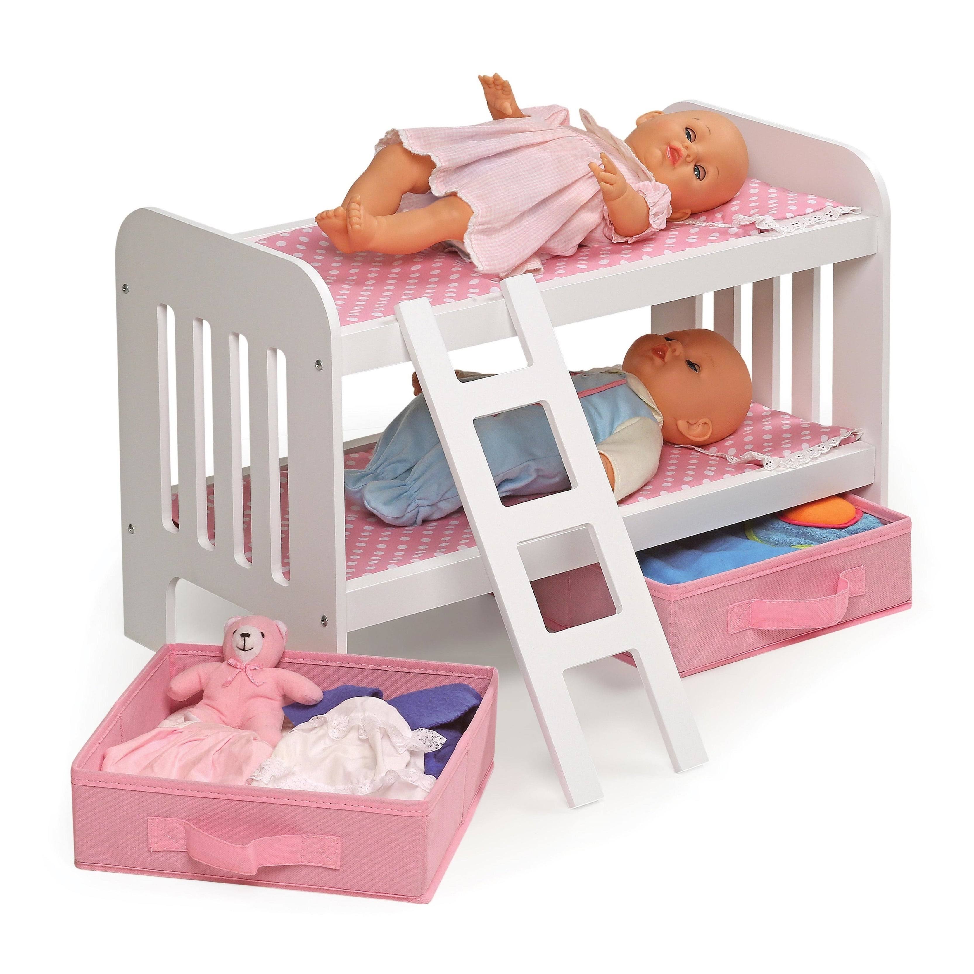 Doll Bunk Bed with Ladder and Two Storage Baskets - Pink L375189