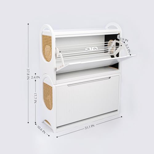 White Wooden Rattan Shoe Bench with Storage W590929