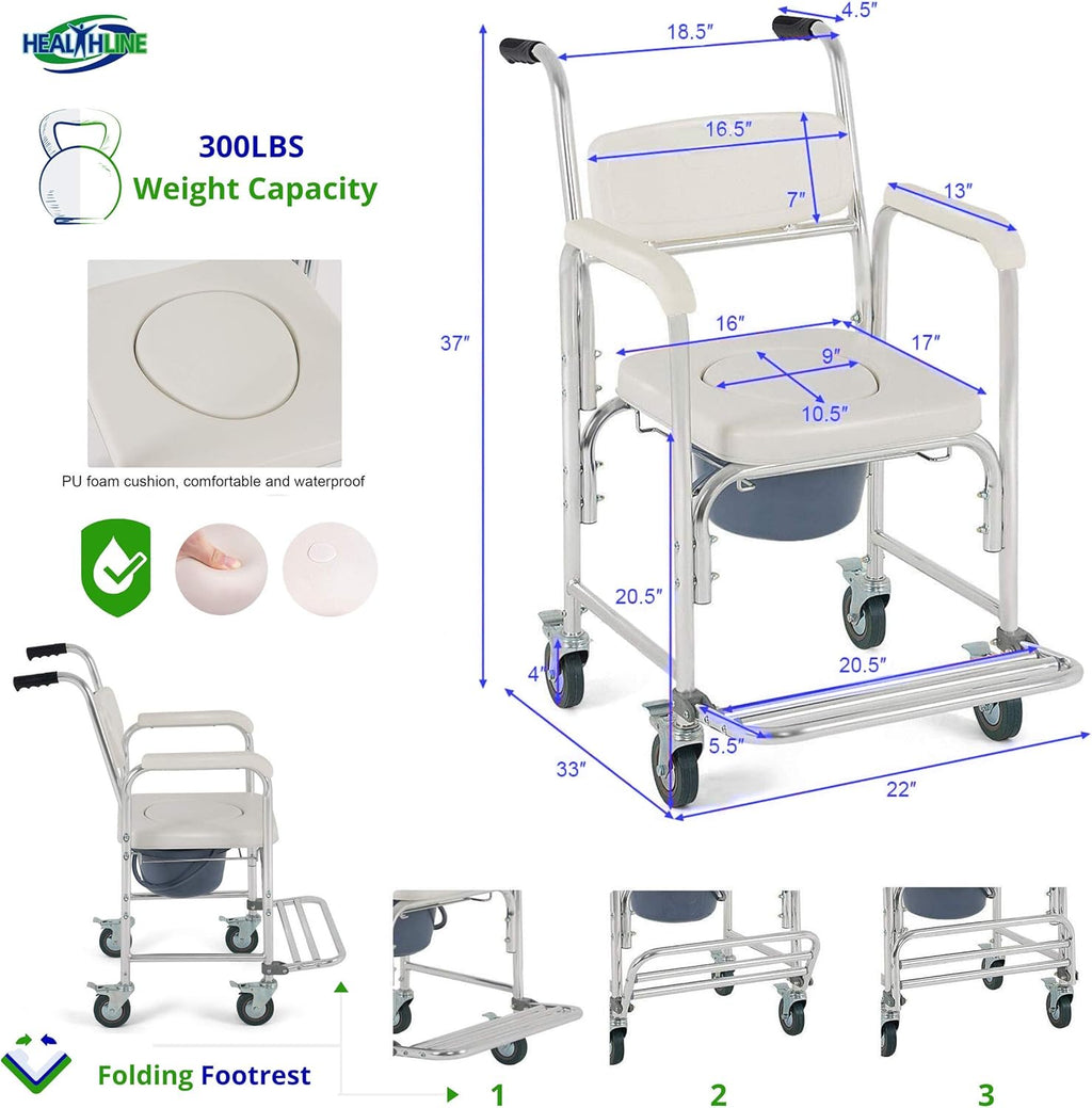 Medical Commode Toilet Rolling Shower Chair With Casters A362242