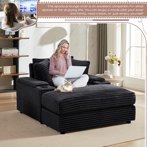 Green Corduroy Oversized 3 Seater Chaise Lounge Sofa with Ottoman U810882