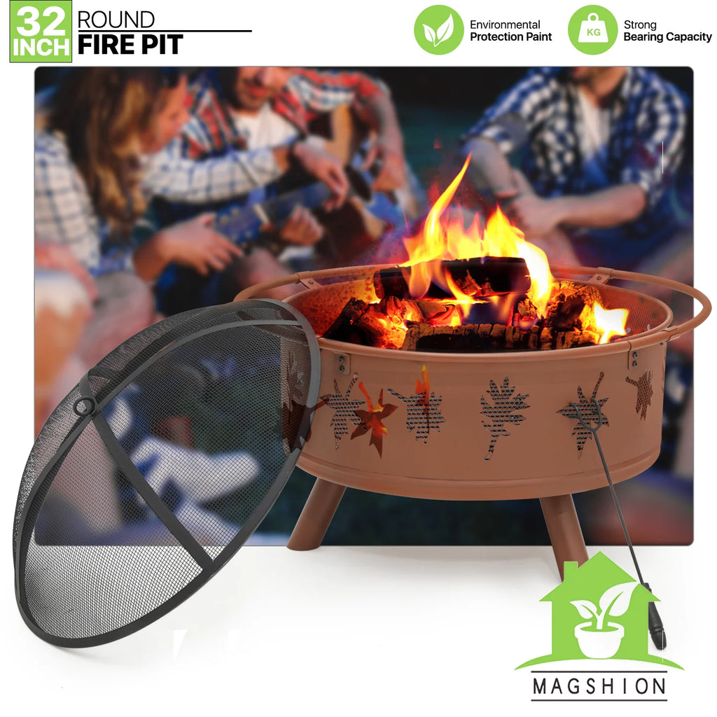 Brown Round Outdoor Fire Pit with Log Grate, Poker & Spark Screen W9427