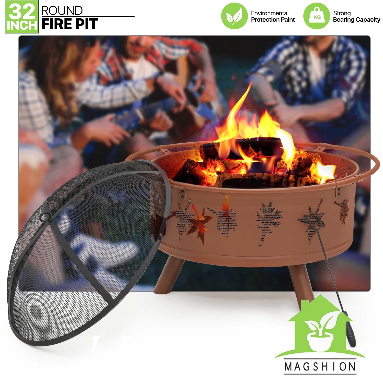Brown Round Outdoor Fire Pit with Log Grate, Poker & Spark Screen W9427