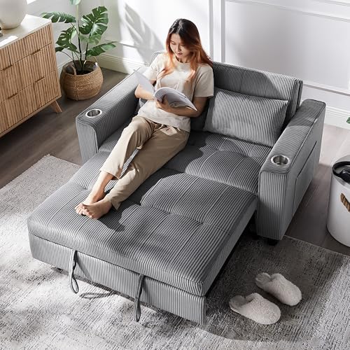 Light Grey Corduroy 3 in 1 Convertible Sleeper Sofa Bed P680