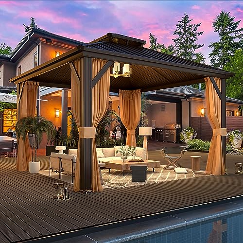 10'x13' Hardtop Gazebo with Polycarbonate Double Roof, Aluminum Frame with Curtains and Netting W47864