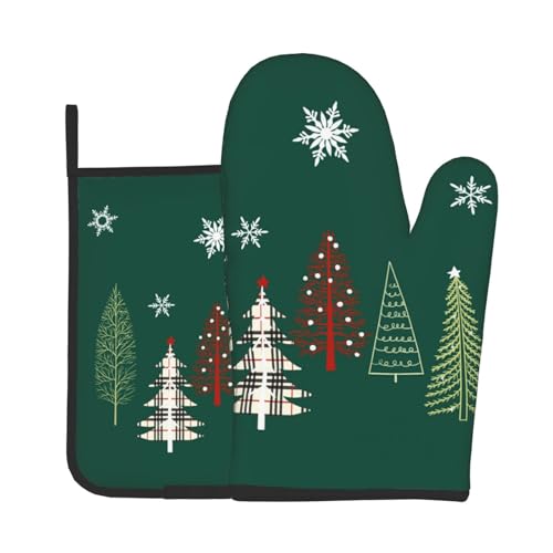 Winter Green Tree Snowflake Oven Mitts and Pot Holders Set Heat Resistant Non Slip Kitchen Gloves Hot Pads 2 Pack Set X517921