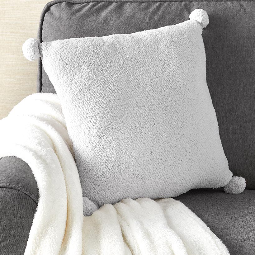 Gray Faux Shearling Pom-Pom Throw Pillow K54373