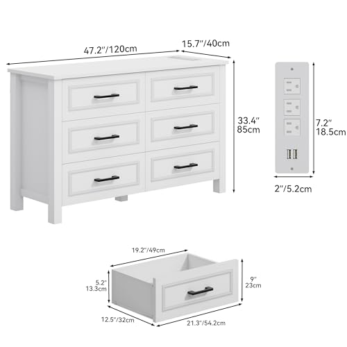 White 6-Drawer Wood Dresser with Power Outlet A752755