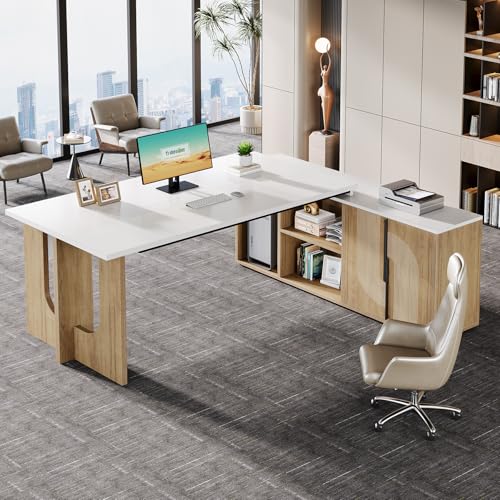 74.8" L Shaped Computer Desk with Shelves and CPU Storage, Black and Brown Y94297