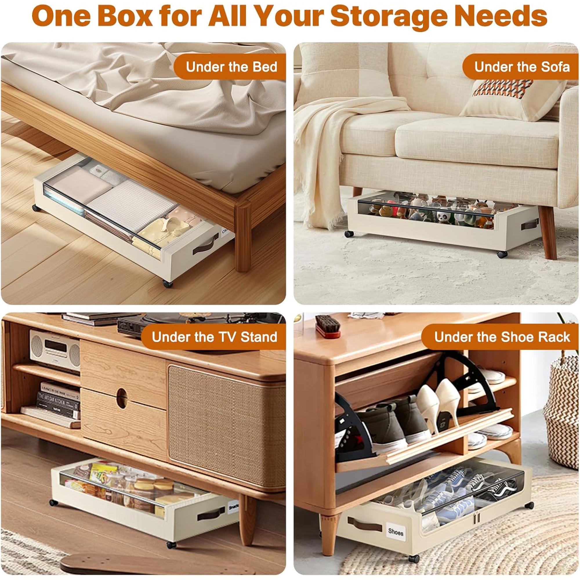 White 4 Pack 60L Under Bed Storage Bins with Wheels and Clear Lids J28832