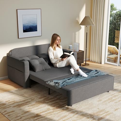 56 Inch Convertible Sleeper Sofa Bed with Cup Holders, Grey I2809