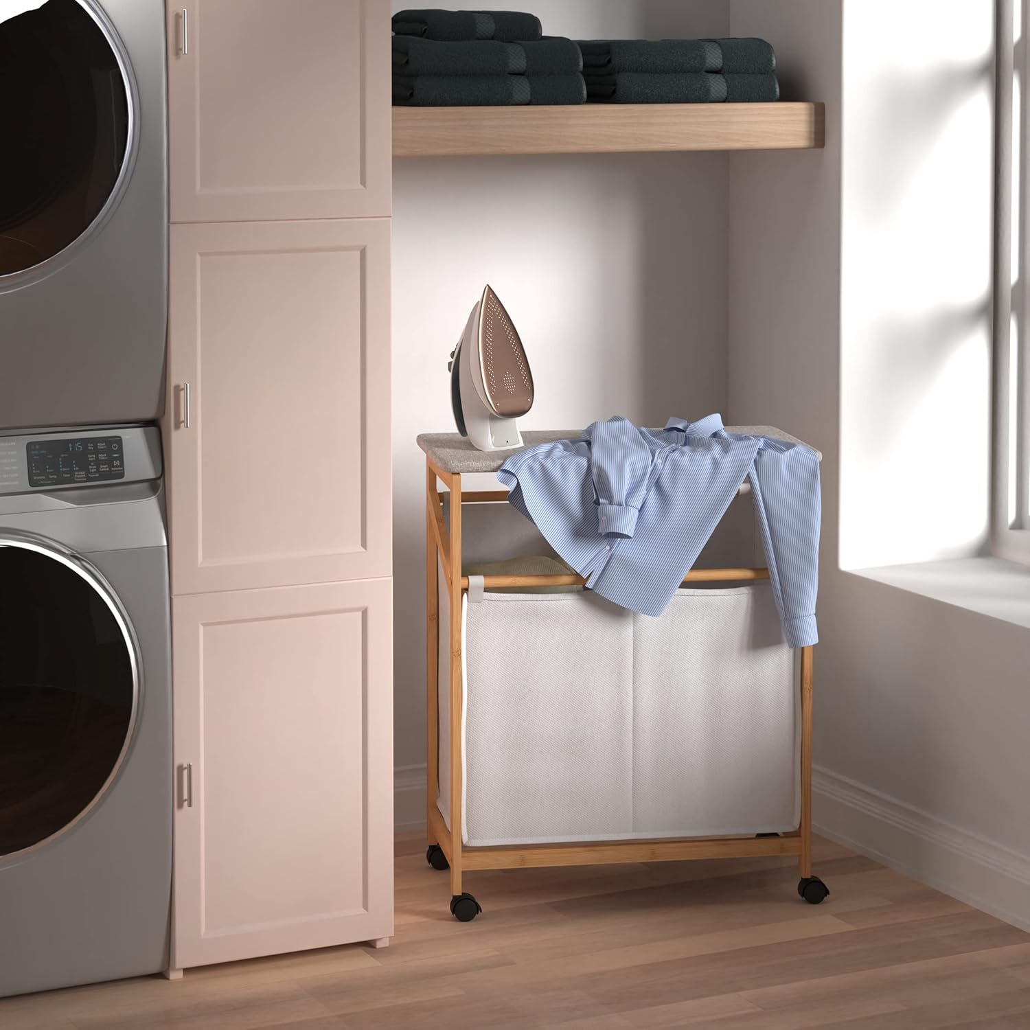 Bamboo Laundry Hamper Cart with Ironing Board Folding Station, Dual Compartments with Divider, Natural Finish B363