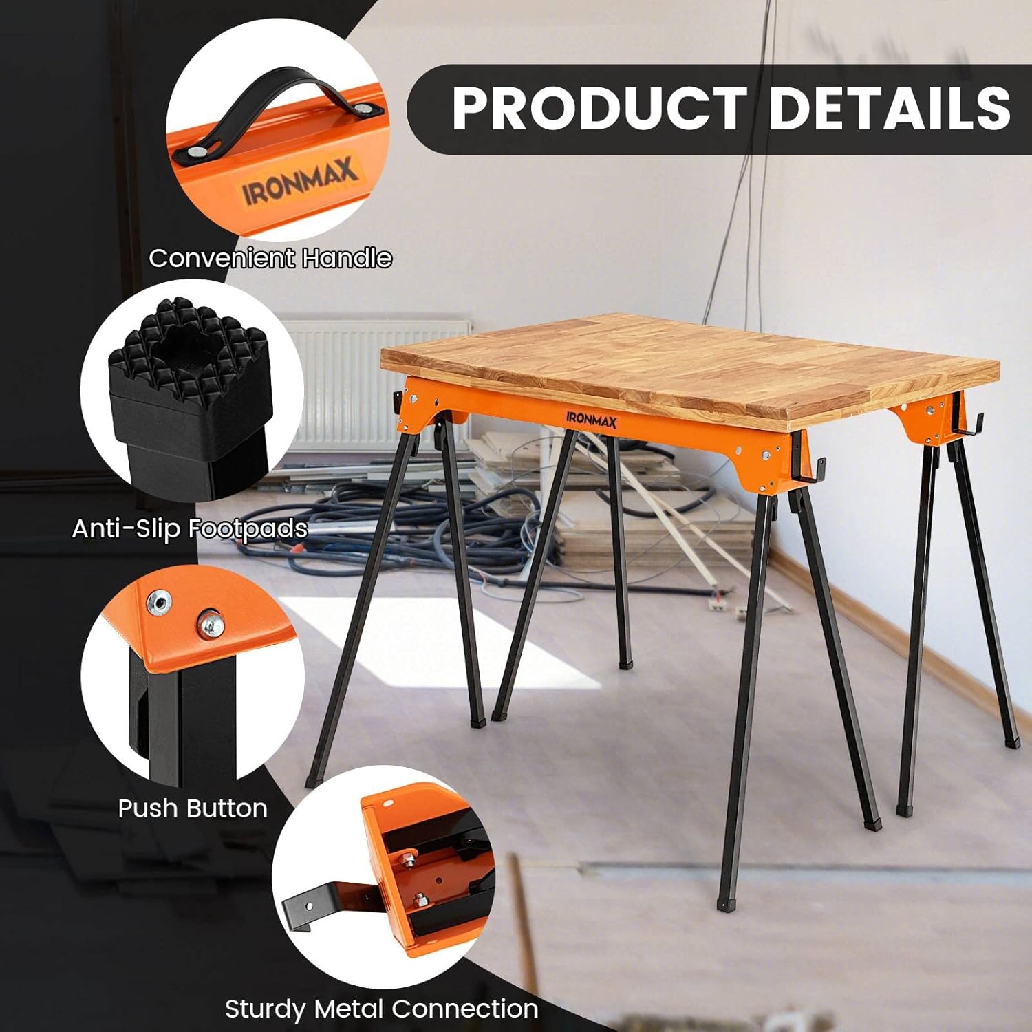 2 Pack Heavy Duty Folding Saw Horses with 4 Detachable Hooks P652