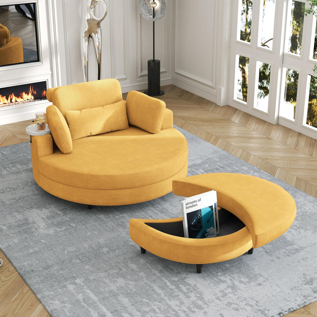 Oversized Corduroy Barrel Armchair with Adjustable Headrest, 4 Pillows, Storage Ottoman & Removable Tray V820634