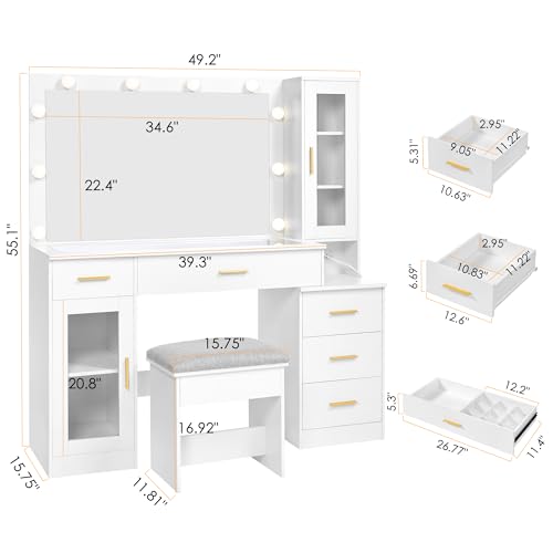 White Large Vanity Desk with Mirror and Lights, Glass Top, Stool, Power Outlet, Drawers, Cabinet T768