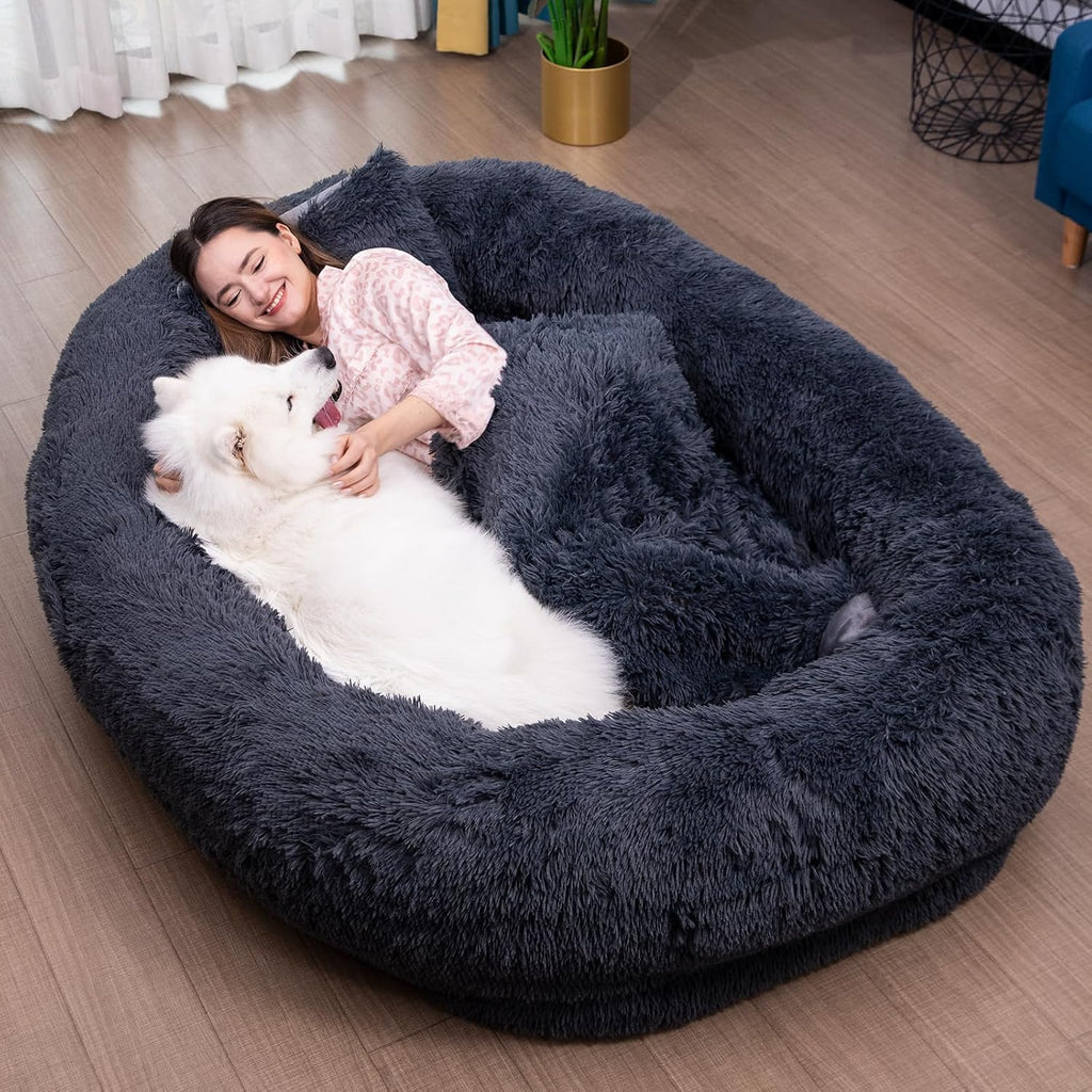 75"x48"x14" Dark Grey Faux Fur Human Size Dog Bed F443994