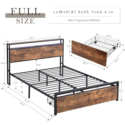 Full Size Metal Platform Bed with Storage Headboard and 2 Drawers V59271