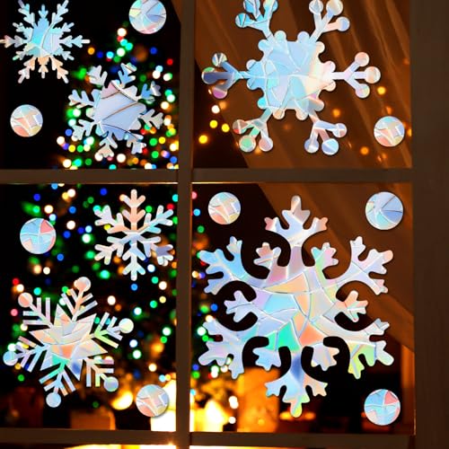 76 Pcs Extra Large Snowflake Window Clings 9.8 Inch Winter Iridescent Window Sticker Non Adhesive P9963